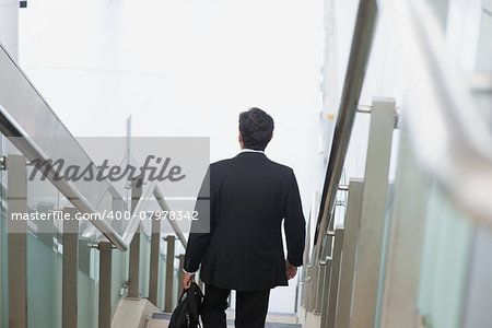 Rear view of an Asian Indian businessman with briefcase descending steps.