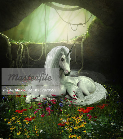 A Unicorn mother guards her foal as they sleep in a magical forest cavern full of flowers.