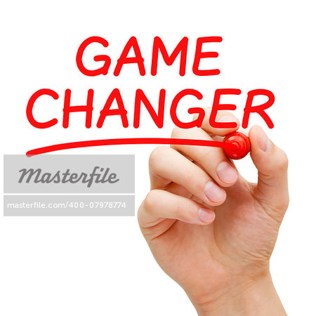 Hand writing Game Changer with red marker on transparent wipe board isolated on white.