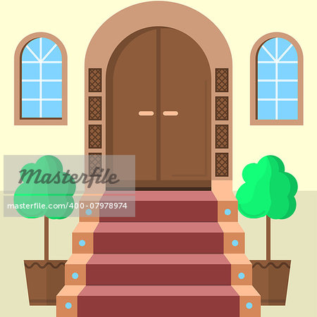 Brown wooden arch door with symmetry two windows, stairs with red carpet and two symmetry decorative trees. Flat design vector illustration for building
