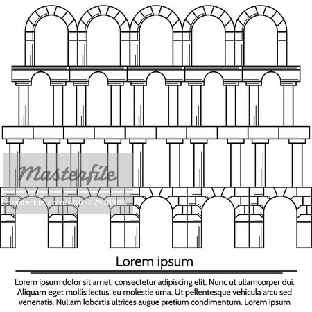 Structure of level with different types arches. Black flat line vintage design vector illustration on white background with sample text.