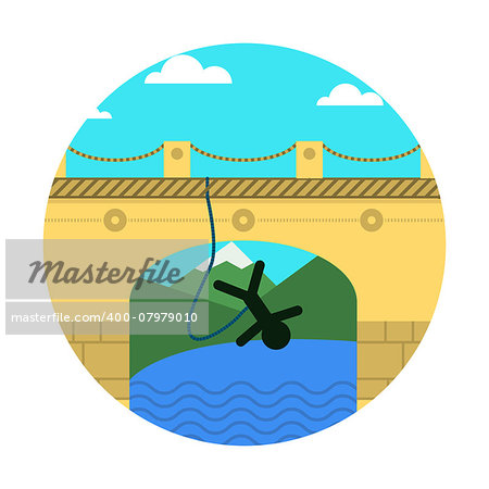 Person jumps with rope in safety system from arch bridge. Landscape with bridge, river and mountains. Colored flat vector icon design element on white background for your website.