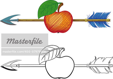black and white and color illustration of arrow hit the exact center of the apple