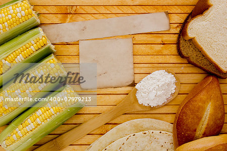 Corn starch with corn on the cob and bread.