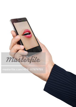 Phone speak concept. Man's hand holding phone with speaking woman's mouth in display.