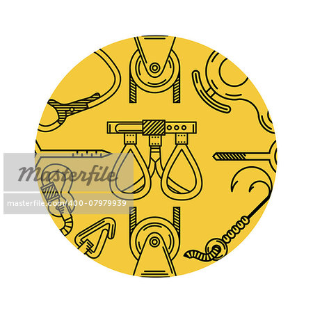 Vector pattern with flat line elements for mountaineering on yellow background round design