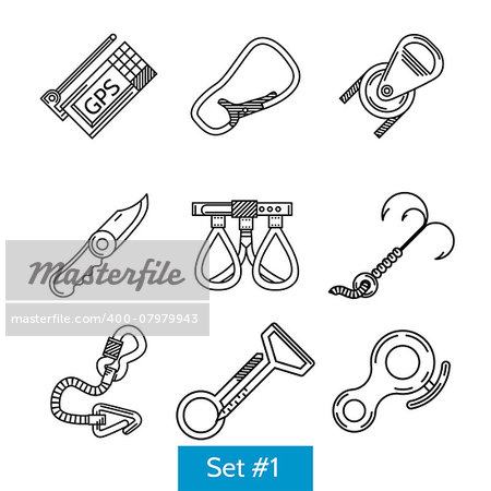 Black flat line icons vector collection of accessories for mountaineering or rock climbing and alpinism on white background.