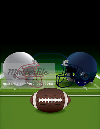 An illustration of realistic American football helmets, field, and ball. Vector EPS 10 available. EPS file is layered and contains transparencies and gradient mesh.