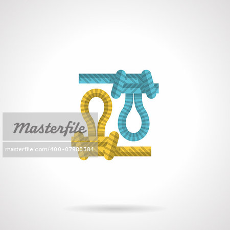 Flat icon for blue and yellow ropes with knots for rock climbing on white background.