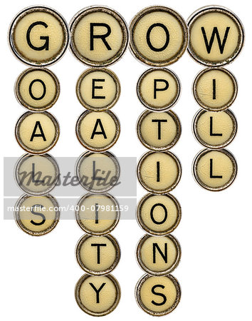 grow crossword - goals, reality, options and will - in old round typewriter keys isolated on white