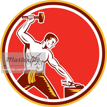 Illustration of a blacksmith with sledgehammer striking hammering pliers viewed from the side set inside circle on isolated background done in retro style.