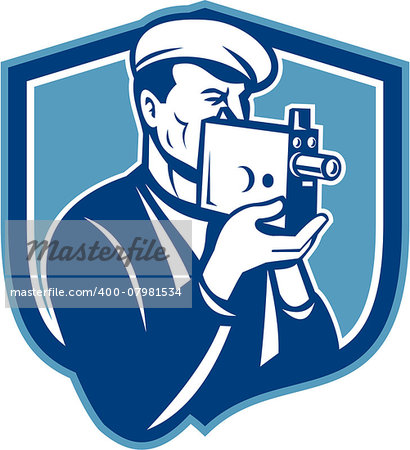 Illustration of a cameraman holding a vintage movie video camera set inside shield crest on isolated background done in retro style.