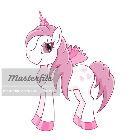 Vector illustration of cute horse princess, royal pony with a magnificent mane and tail, fairy foal with wings, eps 10