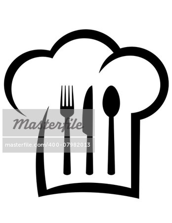 black restaurant icon with abstract chef hat, fork, spoon and knife