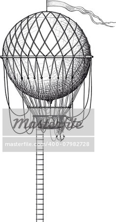 Vintage balloon with a ladder and flag isolated on white
