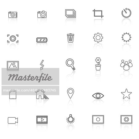 Photography line icons with reflect on white background, stock vector