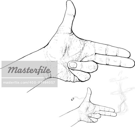 Hand with two fingers like gun posed simulates shot