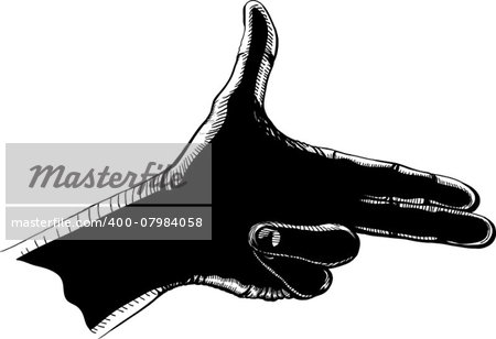 Hand with two fingers like gun posed simulates shot