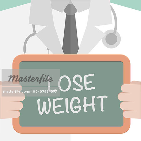 minimalistic illustration of a doctor holding a blackboard with Lose Weight text, eps10 vector