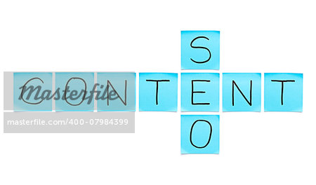 Content SEO crossword made with blue sticky notes on white background.