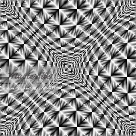 Design warped square volumetric pattern. Abstract geometric monochrome background. Vector-art illustration. No gradient