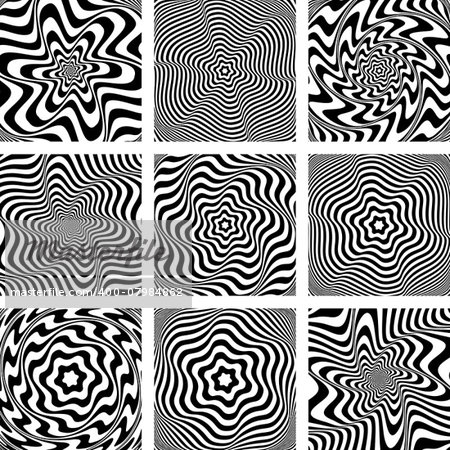 Torsion movement illusion. Op art patterns set. Vector art.