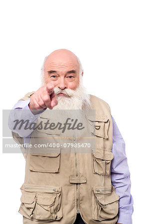Elderly man pointing his finger to front