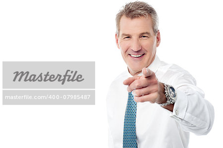 Senior businessman hand pointing out at you