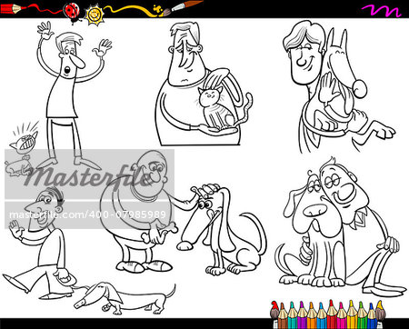 Coloring Book Cartoon Illustration of Funny People with Pets Characters Set