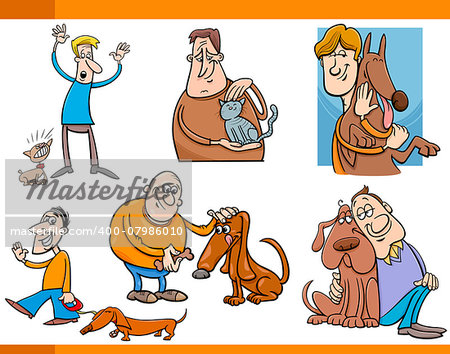Cartoon Illustration of People with Pets Characters Set