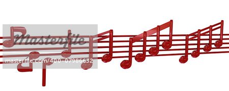 Various music notes on stave. Red 3d