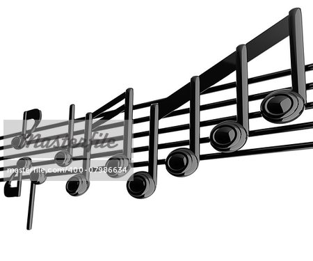 Various music notes on stave. Black 3d