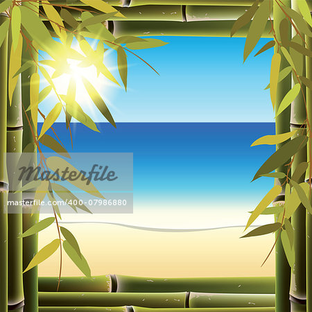 View of the seashore from the resort hotel window. Vector illustration.