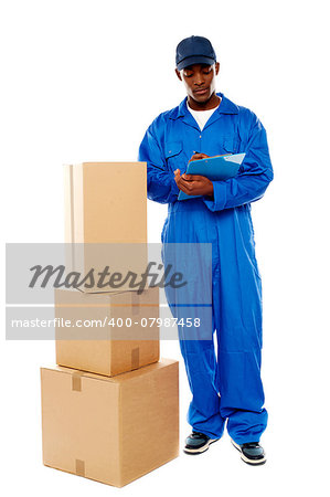 Delivery boy at work. Kindly accept your goods. All on white background