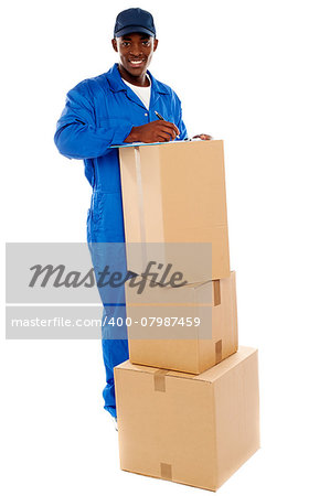 Cheerful delivery guy preparing receiving notice. Isolated over white