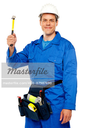 Male architect team guy holding hammer with tool box wrapped around his waist