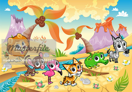 Landscape with animals, tree palms and volcanoes. Funny cartoon and vector illustration.