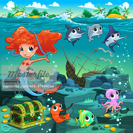 Mermaid with funny animals on the sea floor. Cartoon vector illustration.