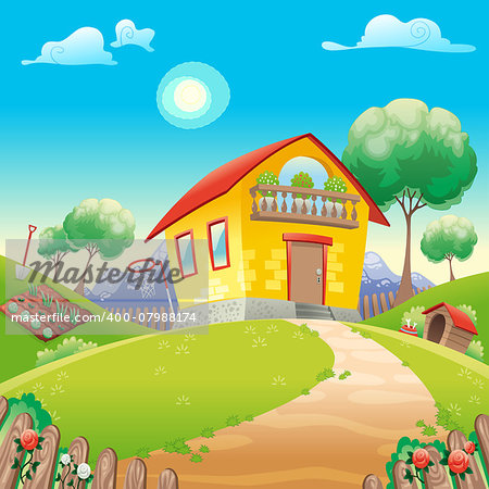 House with garden int the countryside. Vector cartoon illustration