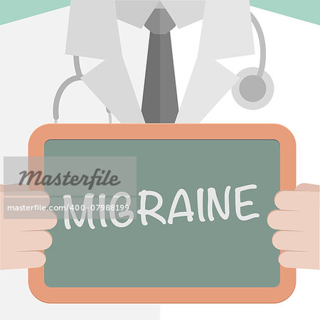 minimalistic illustration of a doctor holding a blackboard with Migraine text, eps10 vector