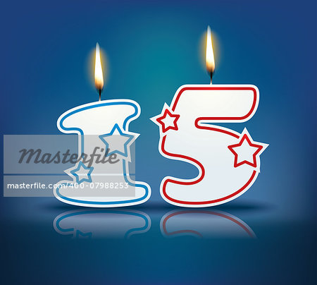 Birthday candle number 15 with flame - eps 10 vector illustration