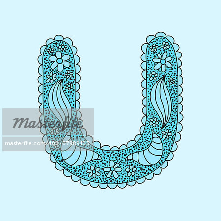 Cute letter U. Floral monogram U with vintage flowers and doodles. Can be used in wedding card, invitation and book design. Vector illustration