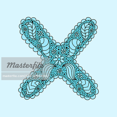 Cute letter X. Floral monogram X with vintage flowers and doodles. Can be used in wedding card, invitation and book design. Vector illustration
