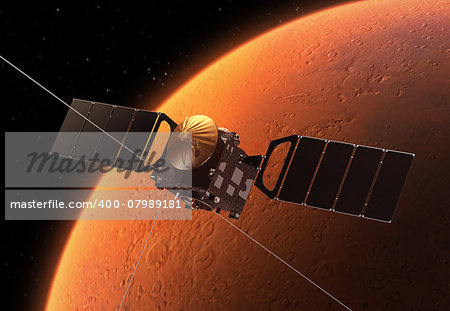 Interplanetary Space Station Orbiting Planet Mars. 3D Scene.