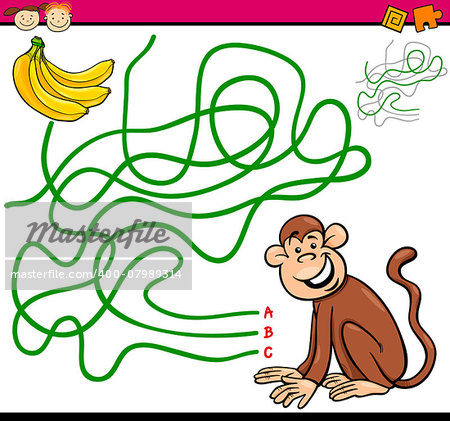 Cartoon Illustration of Education Path or Maze Game for Preschool Children with Monkey and Banana