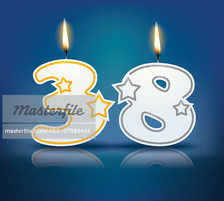 Birthday candle number 38 with flame - eps 10 vector illustration
