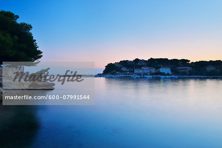Sea Bay with Harbor at Dusk in Summer, Port des Tamaris, La Couronne, Martigues, Cote Bleue, Mediterranean Sea, Bouches-du-Rhone, Provence-Alpes-Cote d'Azur, France