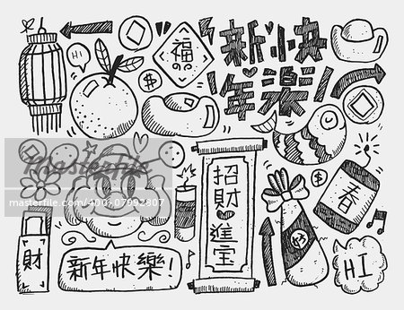 Doodle Chinese New Year background,Chinese word "Happy new year" "Congratulatio n" "Spring" "Blessing