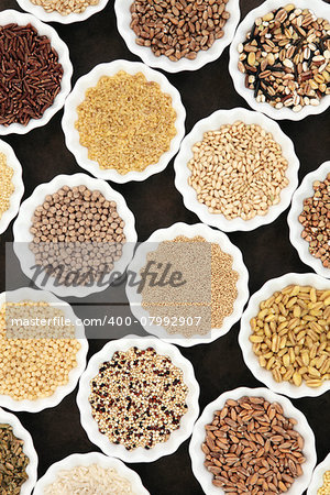 Cereal and grain food selection in porcelain crinkle bowls.