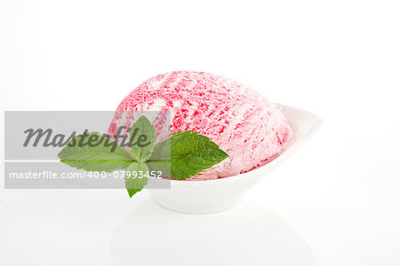 Cherry ice cream in bowl with fresh mint leaf isolated on white background.